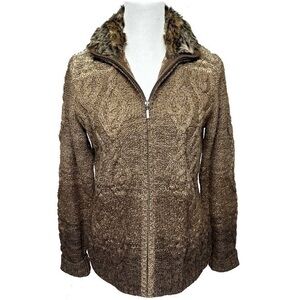 Eddie Bauer Lambswool Cable Knit Zip Cardigan Brown Ombre Faux Fur Collar Size M